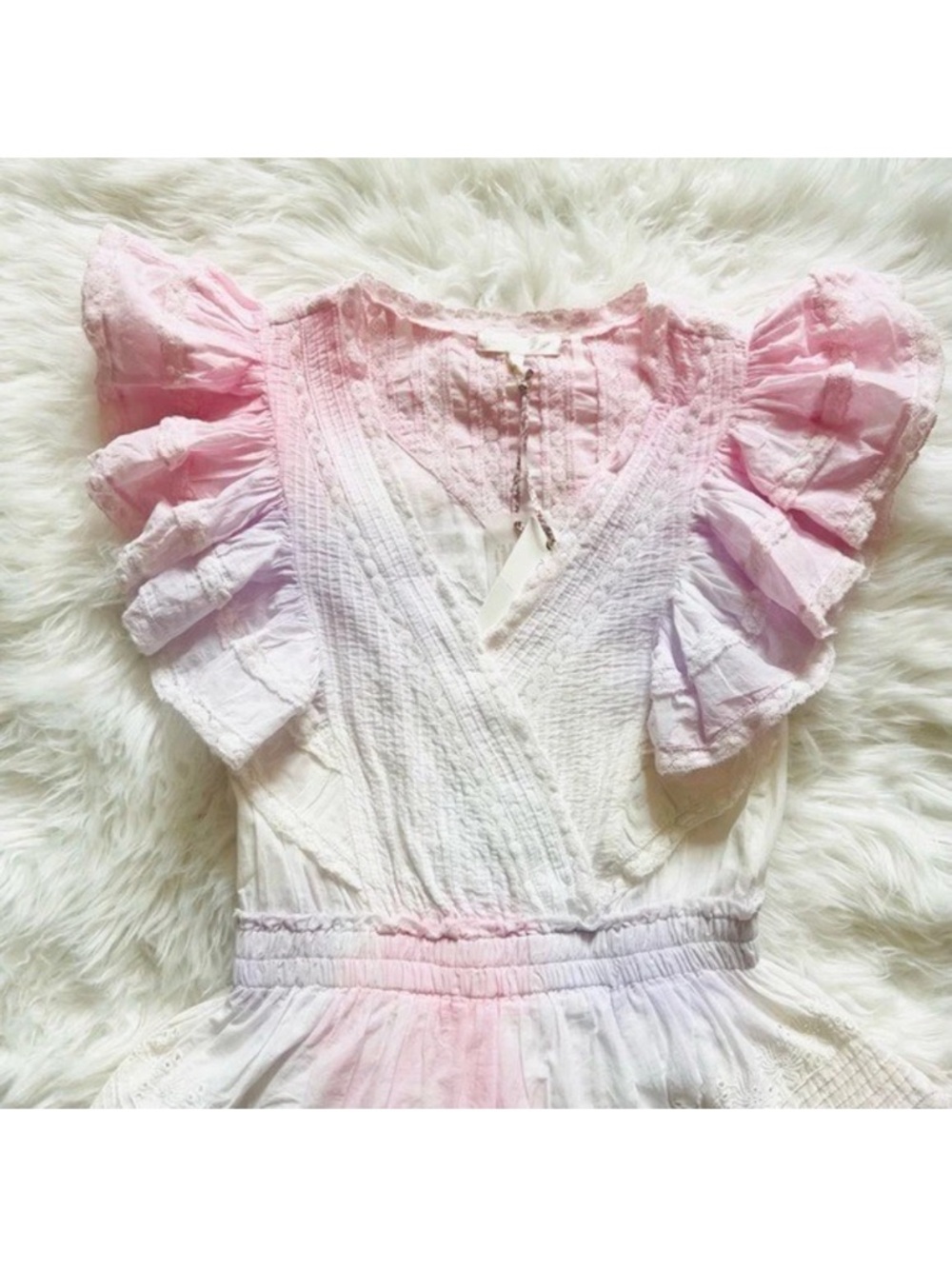 New! LoveShackFancy Gwen Tie Dye Lace Ruffle Cotton Mini Dress in Pink White - Picture 8 of 13